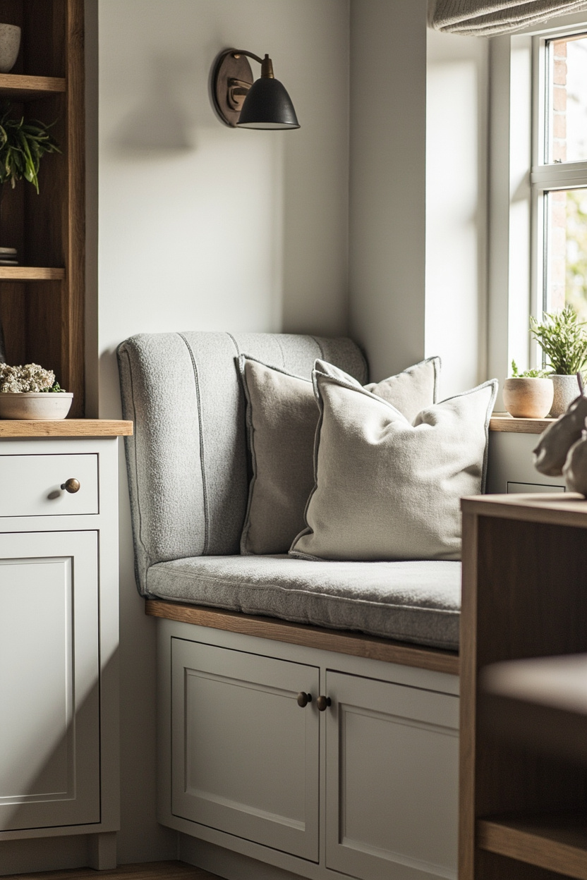 Built-in Banquette in Gray Upholstery