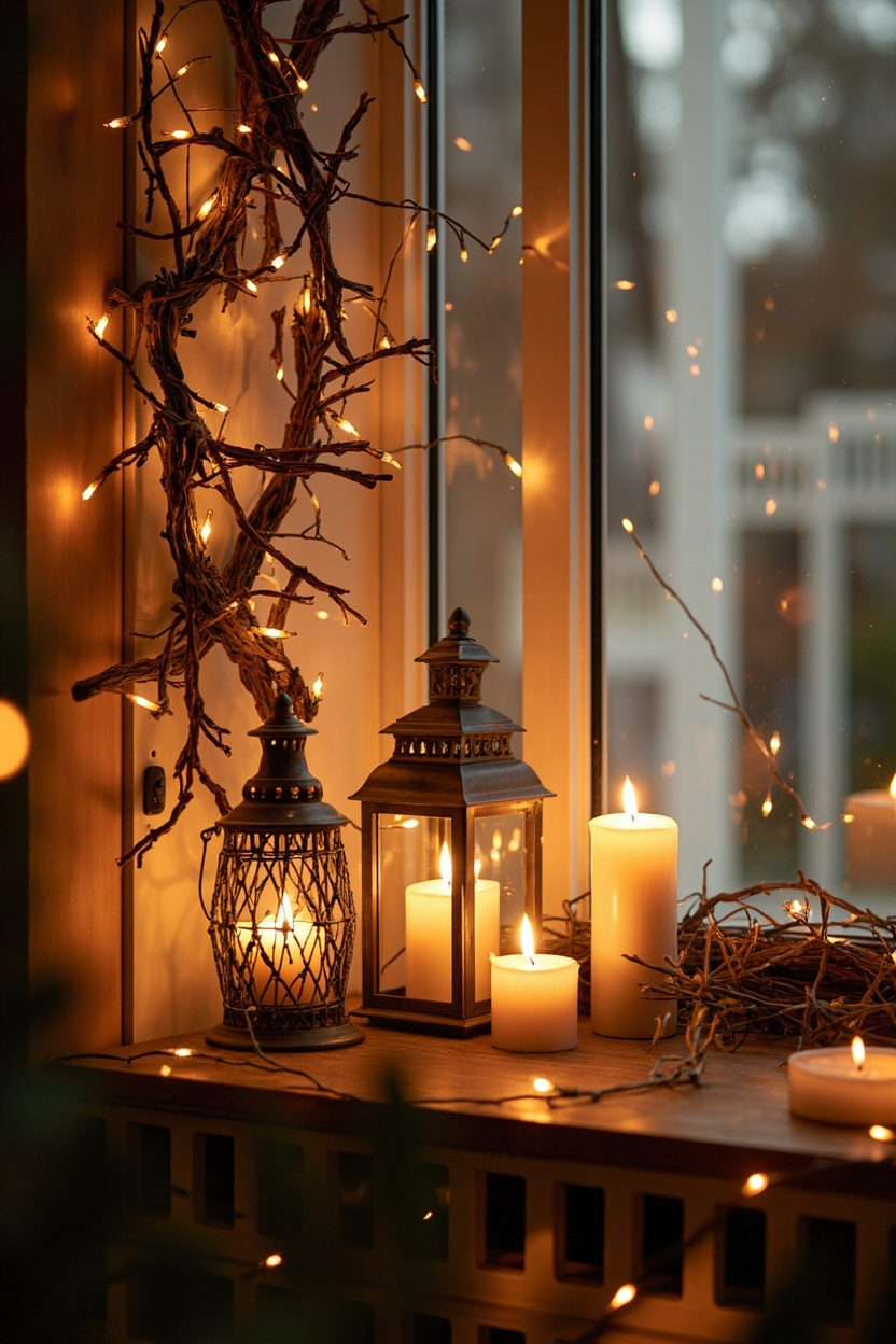 Candlelit Corners: Warmth with Lanterns, Candles, and Twig Garlands - Farmhouse Christmas Decor