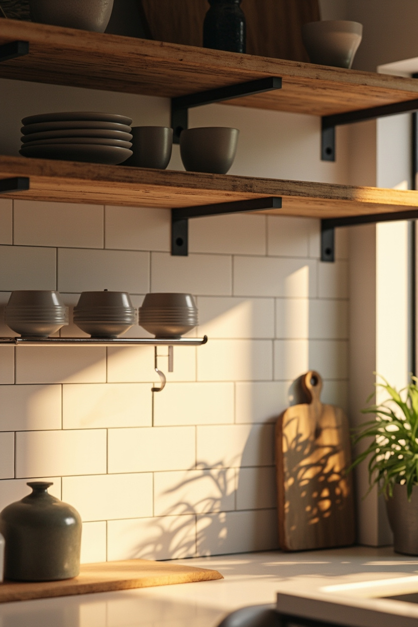 Contrasting Open Shelves and Backsplash