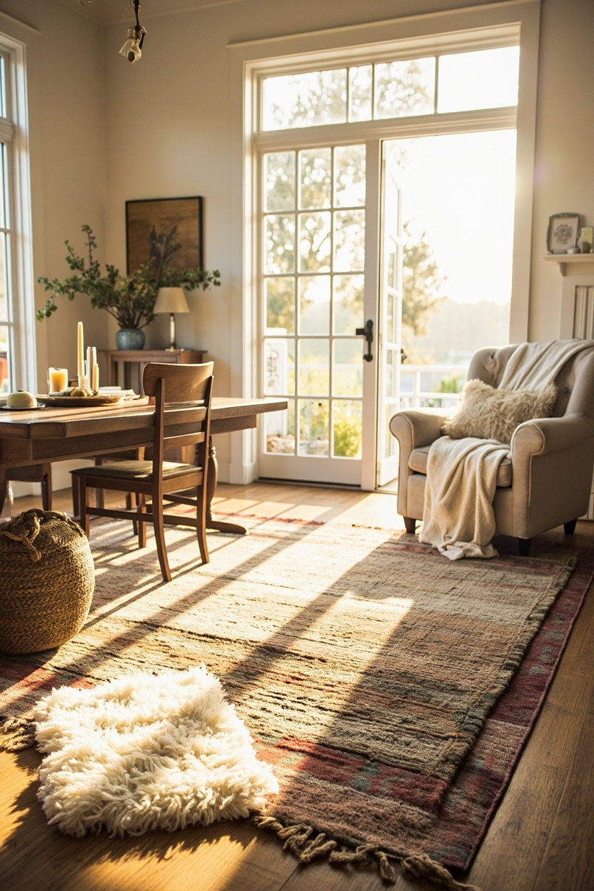 Cozy Layered Rugs - Farmhouse Dining Room Designs