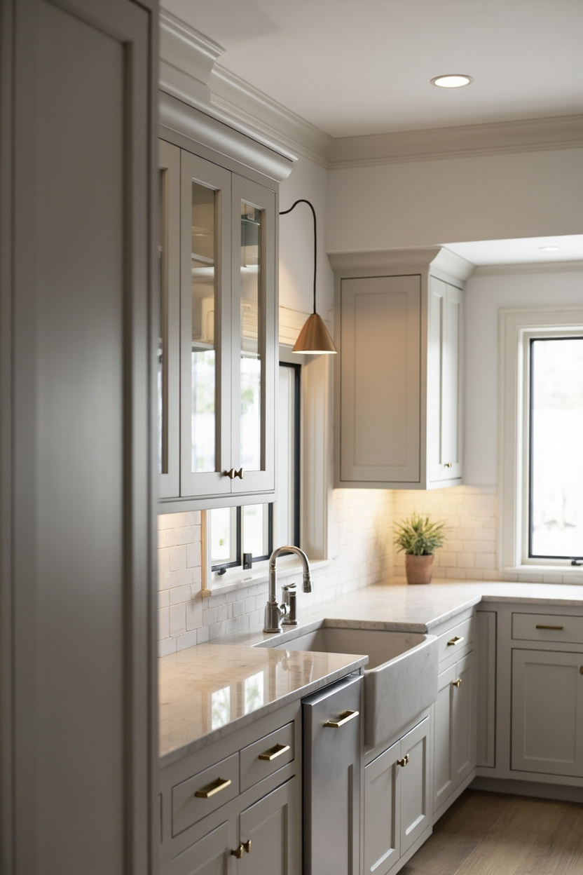 Gray Shaker Cabinets with Warm Hardware