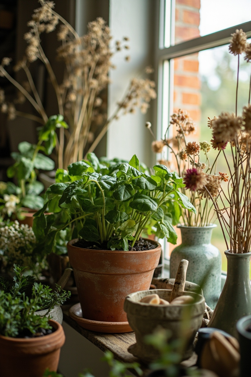 Green Touches: Potted Herbs, Dried Blooms, and Simple Floral Arrangements - Farmhouse Decor