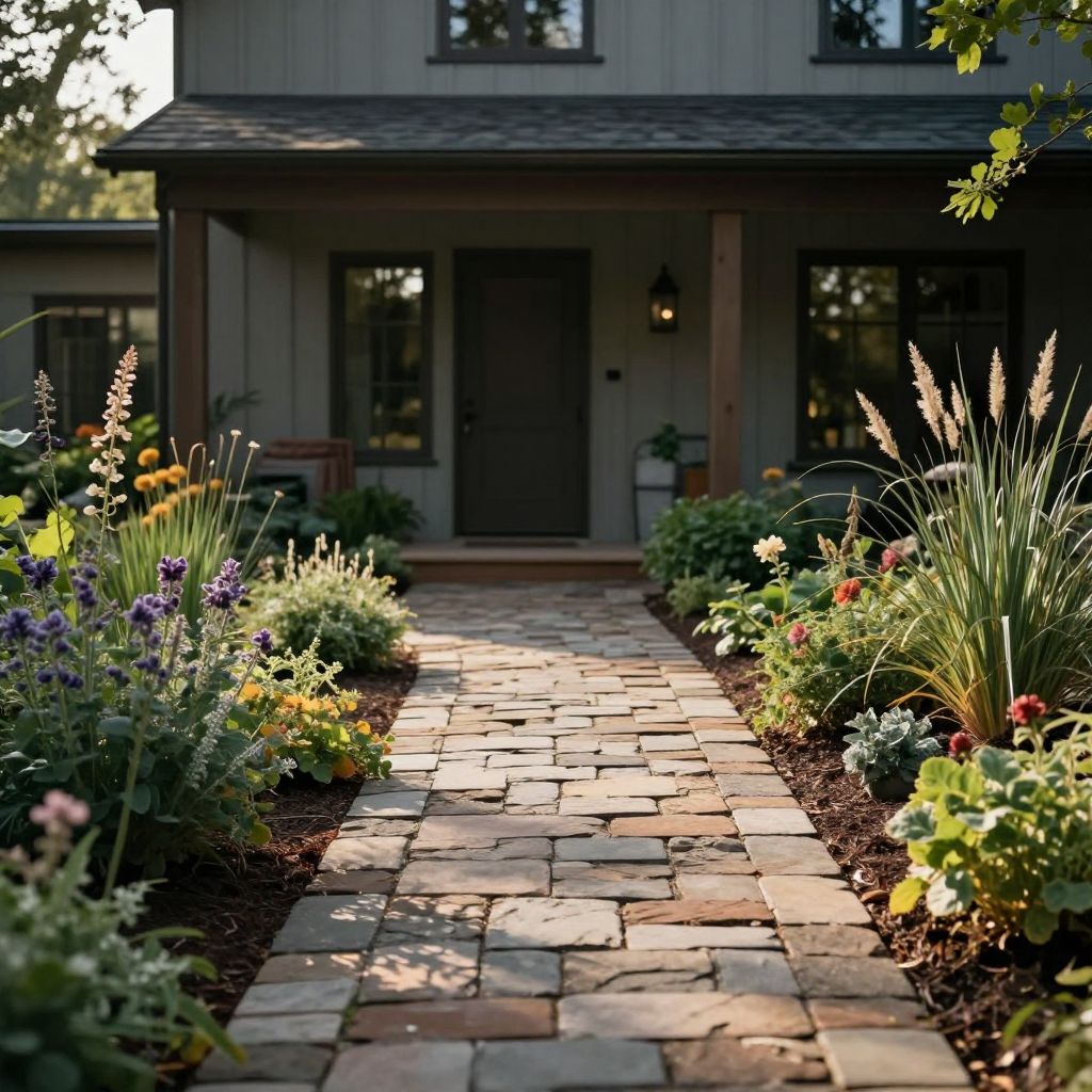 Landscaped Pathways with Rustic Pavers and Native Plantings - Farmhouse Exterior