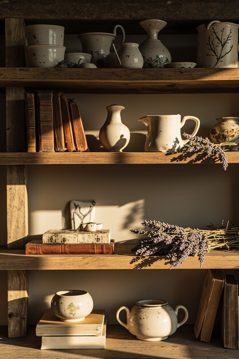 Open Shelving Styled with Vintage Finds and Natural Materials - Earthy Cottage Home Decor