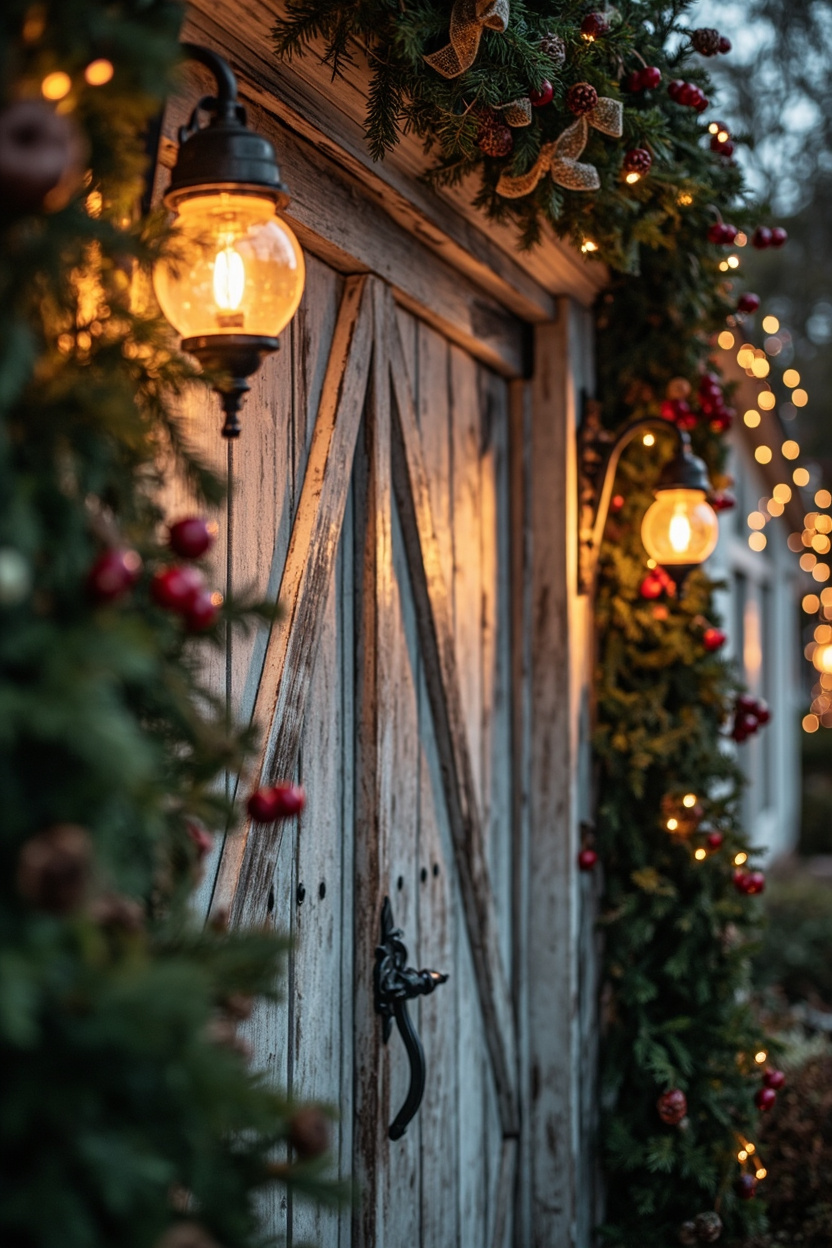 Outdoor Farmhouse Facades: Rustic Lighting, Bows, and Barn Door Decor - Farmhouse Christmas Decor