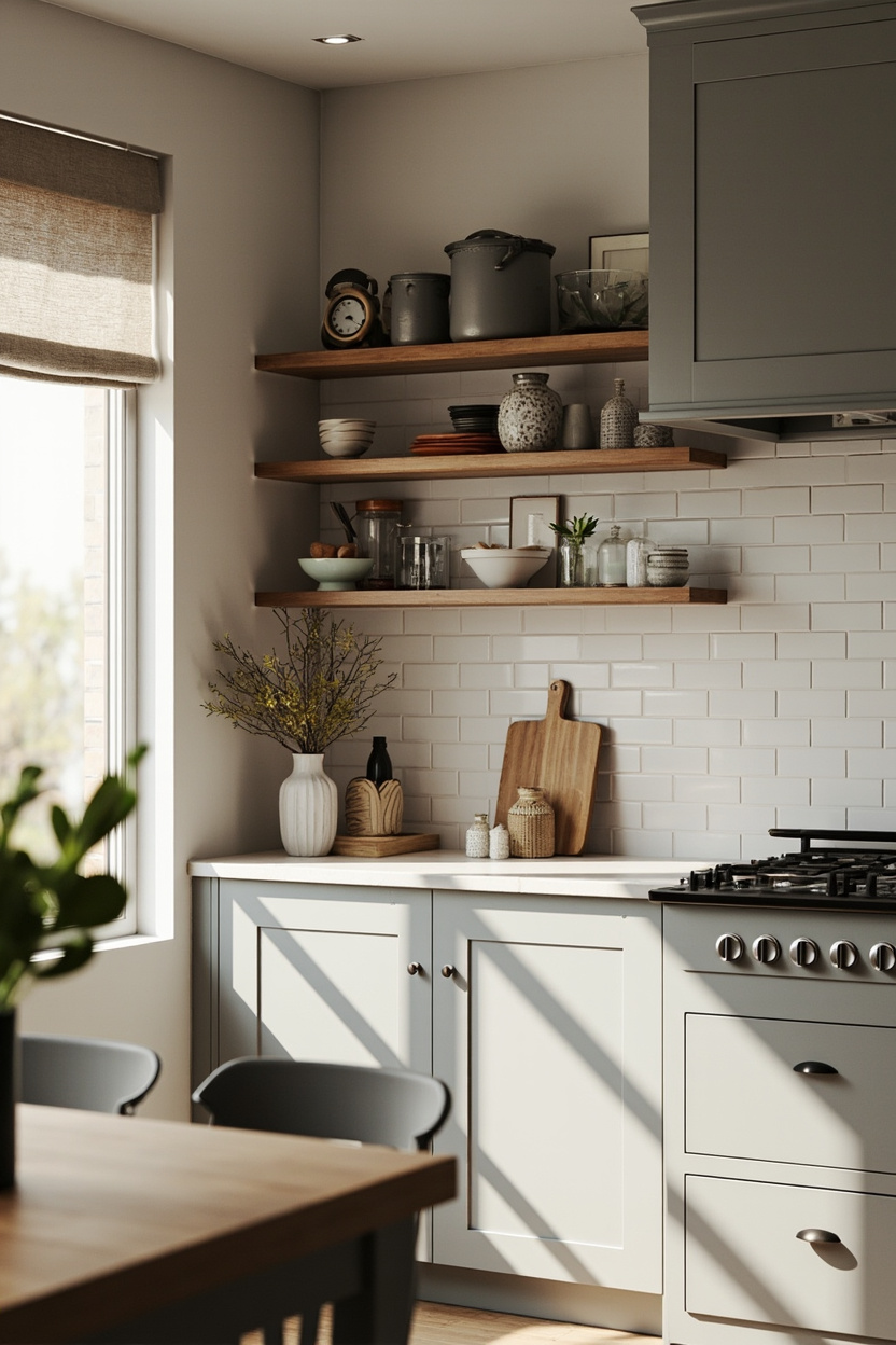 Soft Gray Open Shelving Styling