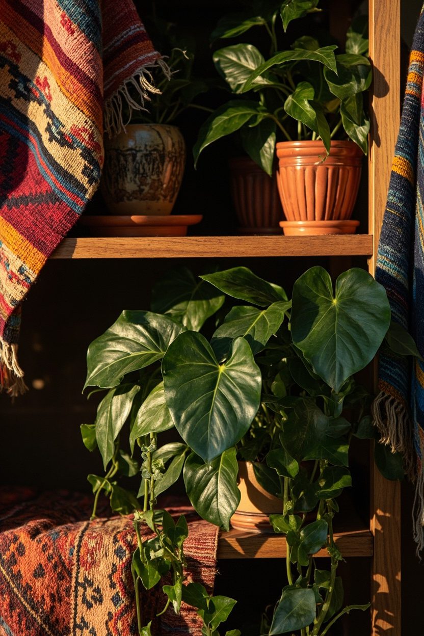 Colorful Kilim Plant Shelf Display