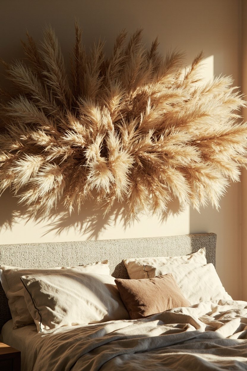 Layered Pampas Wall Arrangements Above Headboards