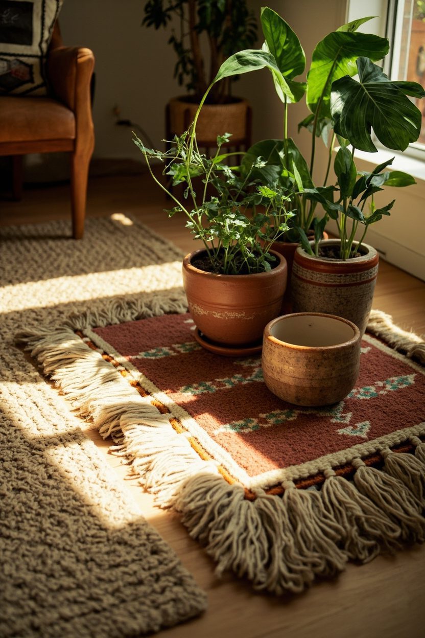 Layered Rugs with Potted Greenery