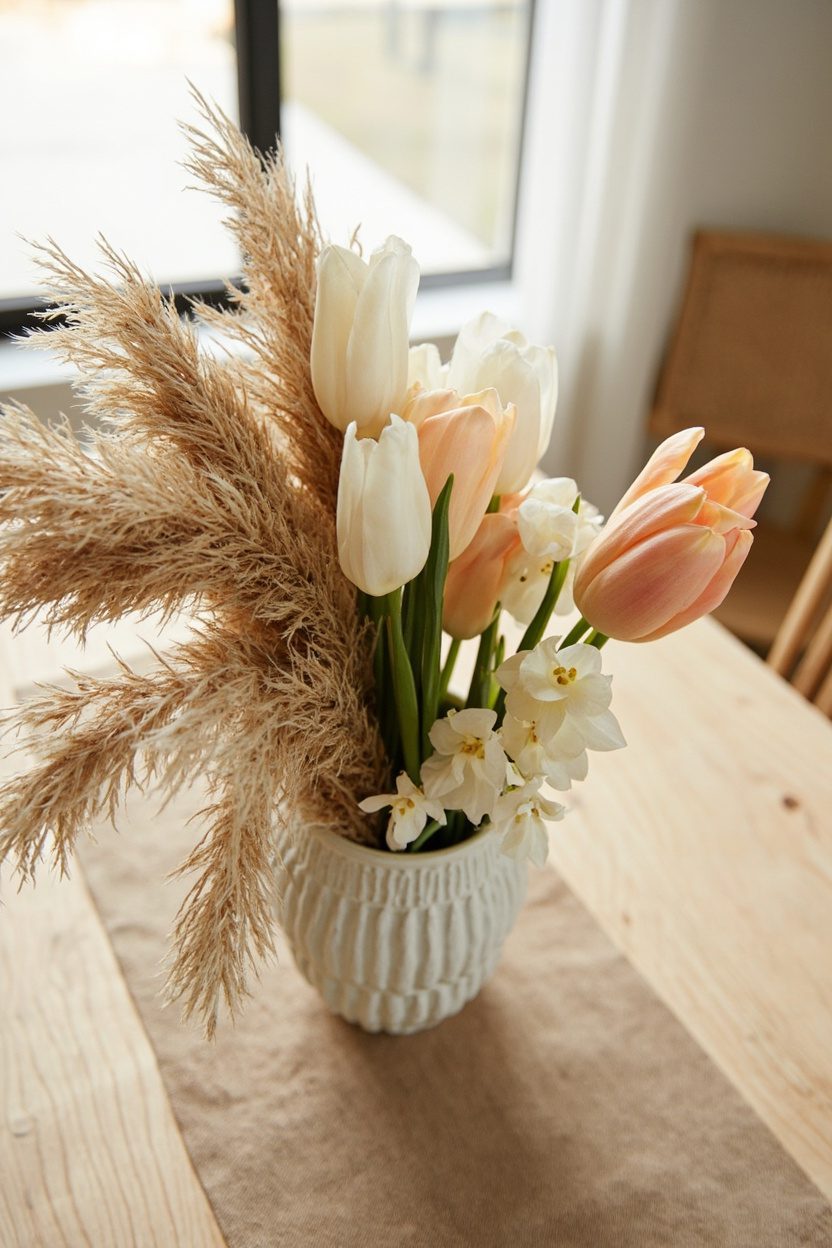 Mix Dried Grasses With Fresh Blooms