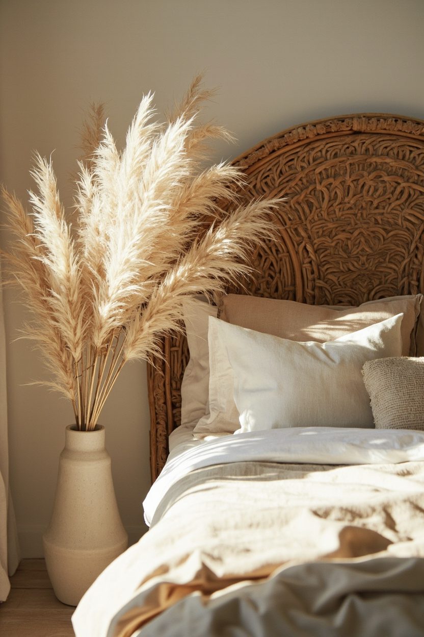 Neutral Pampas Grass and Woven Headboard Pairings