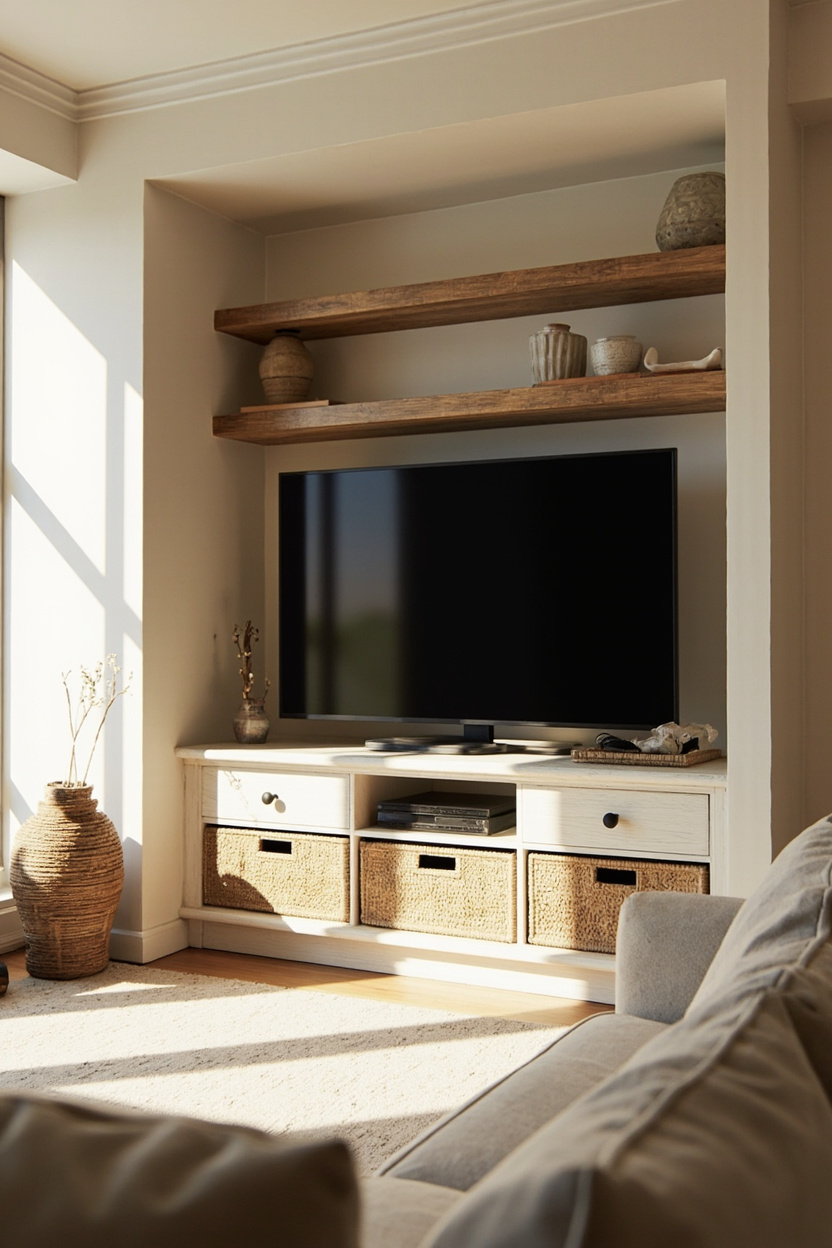 Symmetrical Floating Shelves Flanking TV