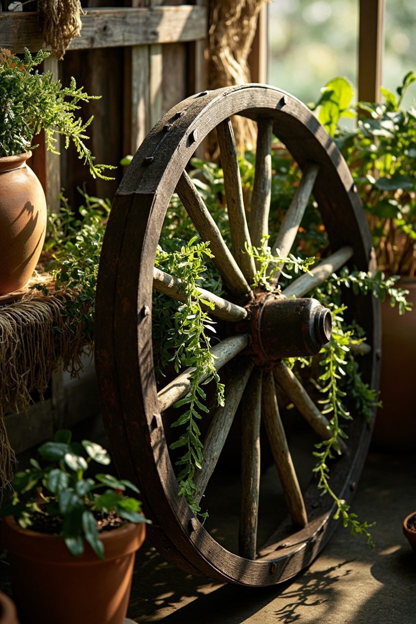 Vintage Wagon Wheel Planter Display