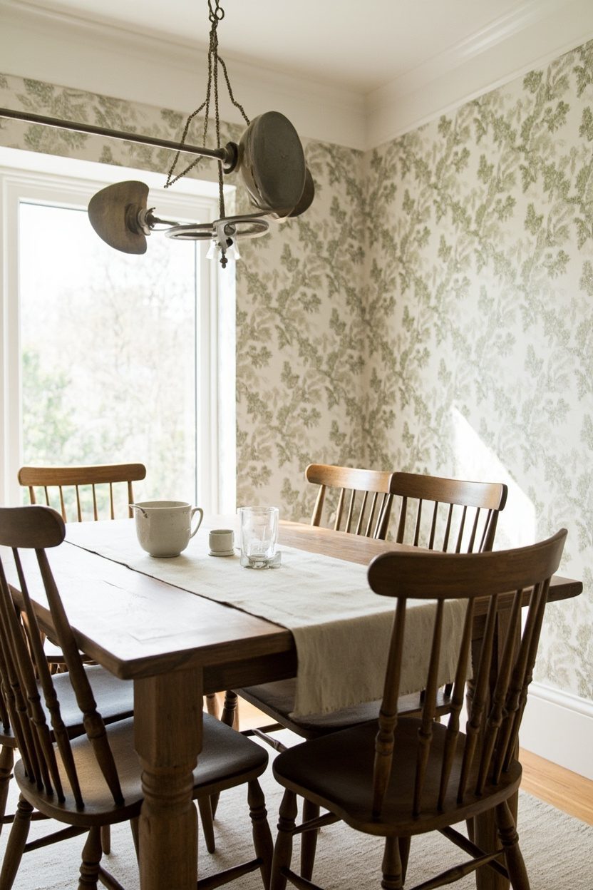Wallpapered feature walls in dining