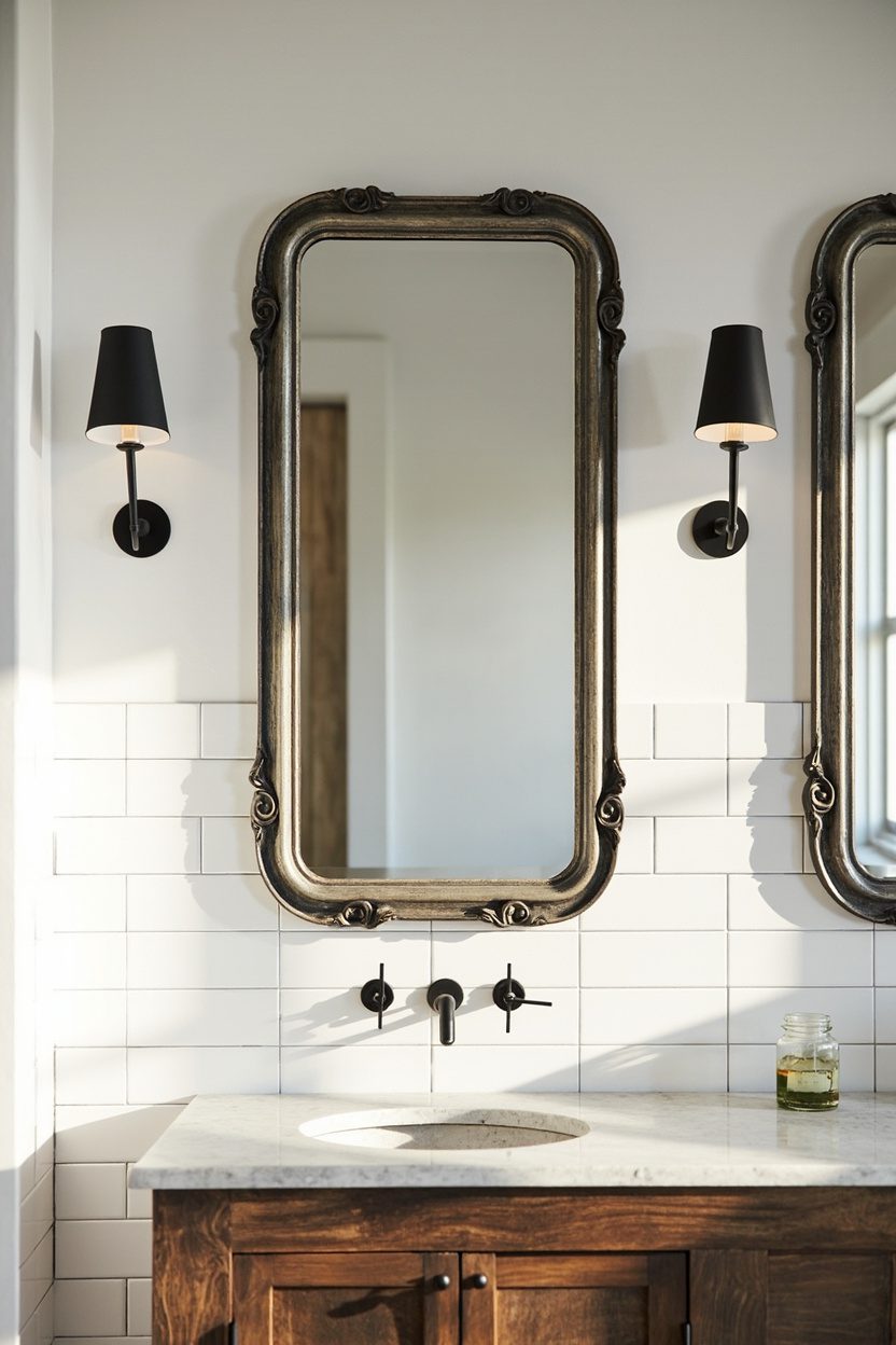 Antique mirrors with modern sconces