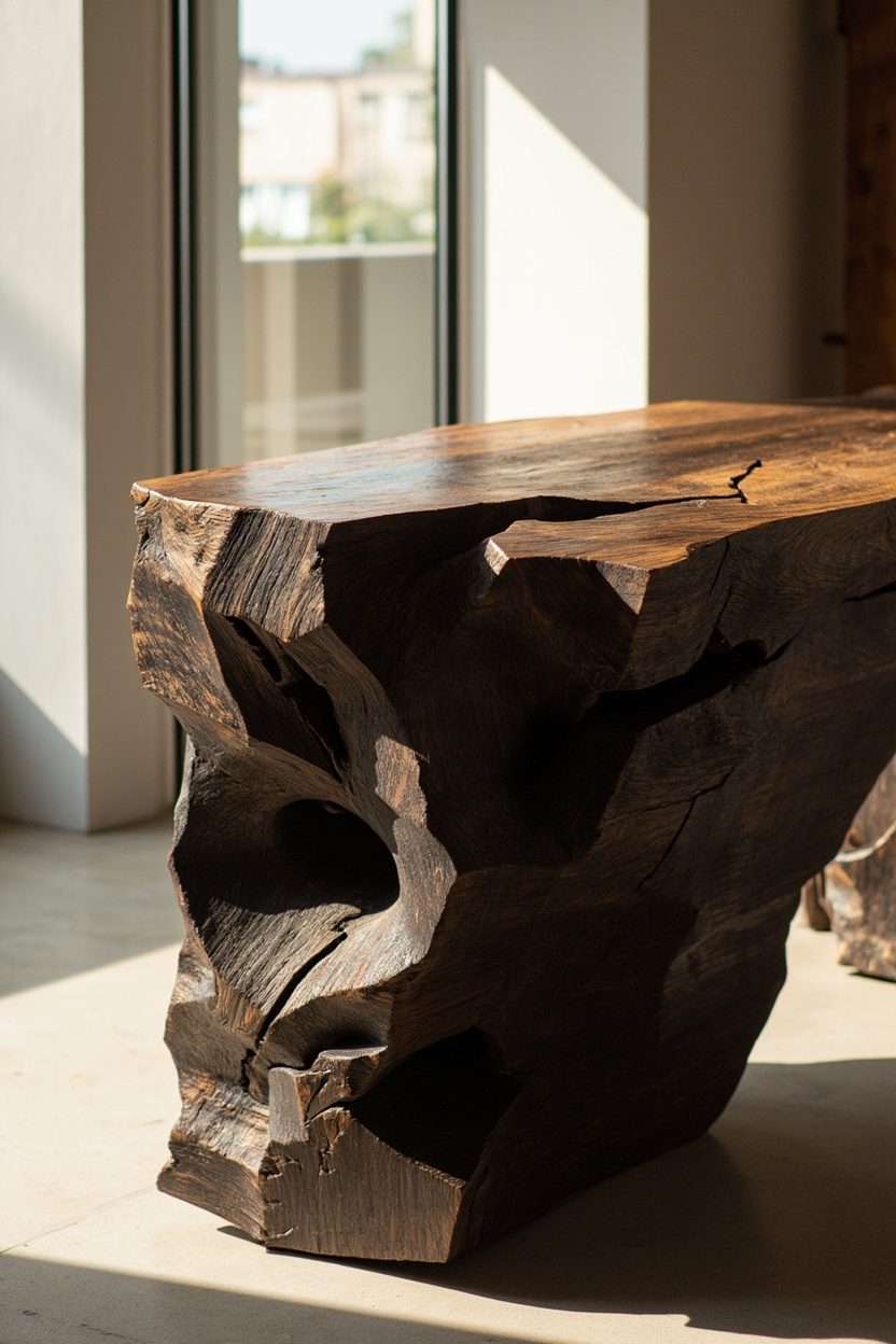 Brutalist Carved-Wood Console Tables