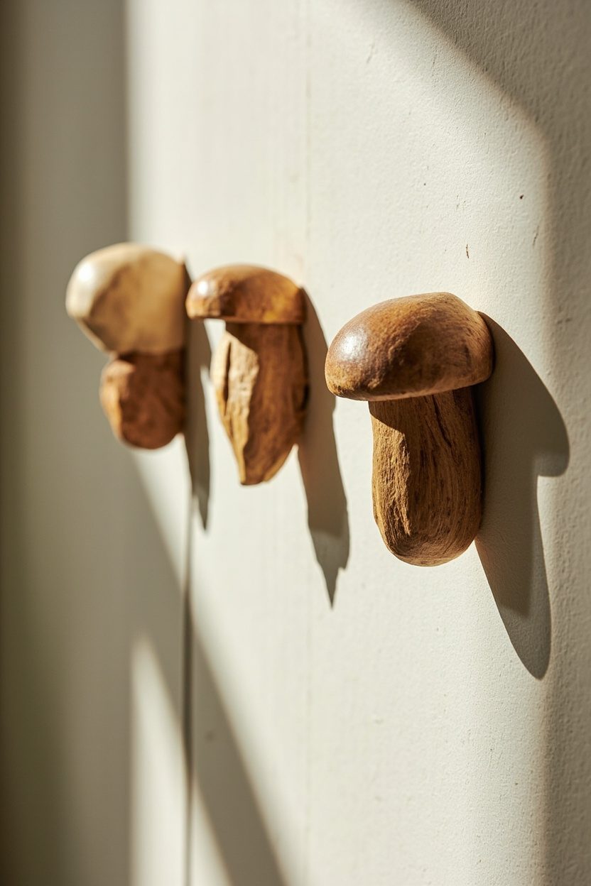 Carved Wood Mushroom Wall Hooks