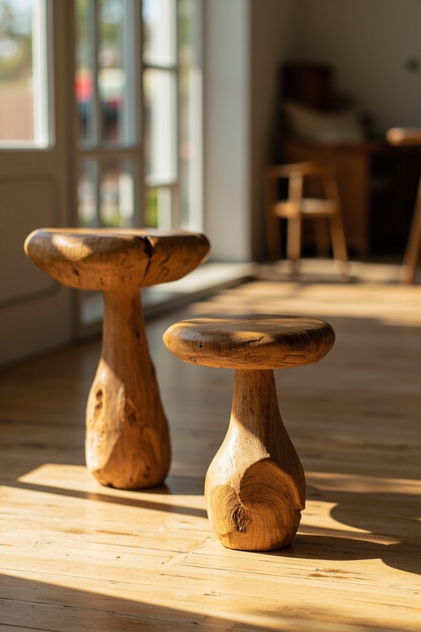 Carved Wood Toadstool Stools