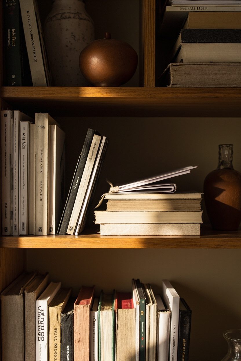 Cozy lived-in bookcase vignettes
