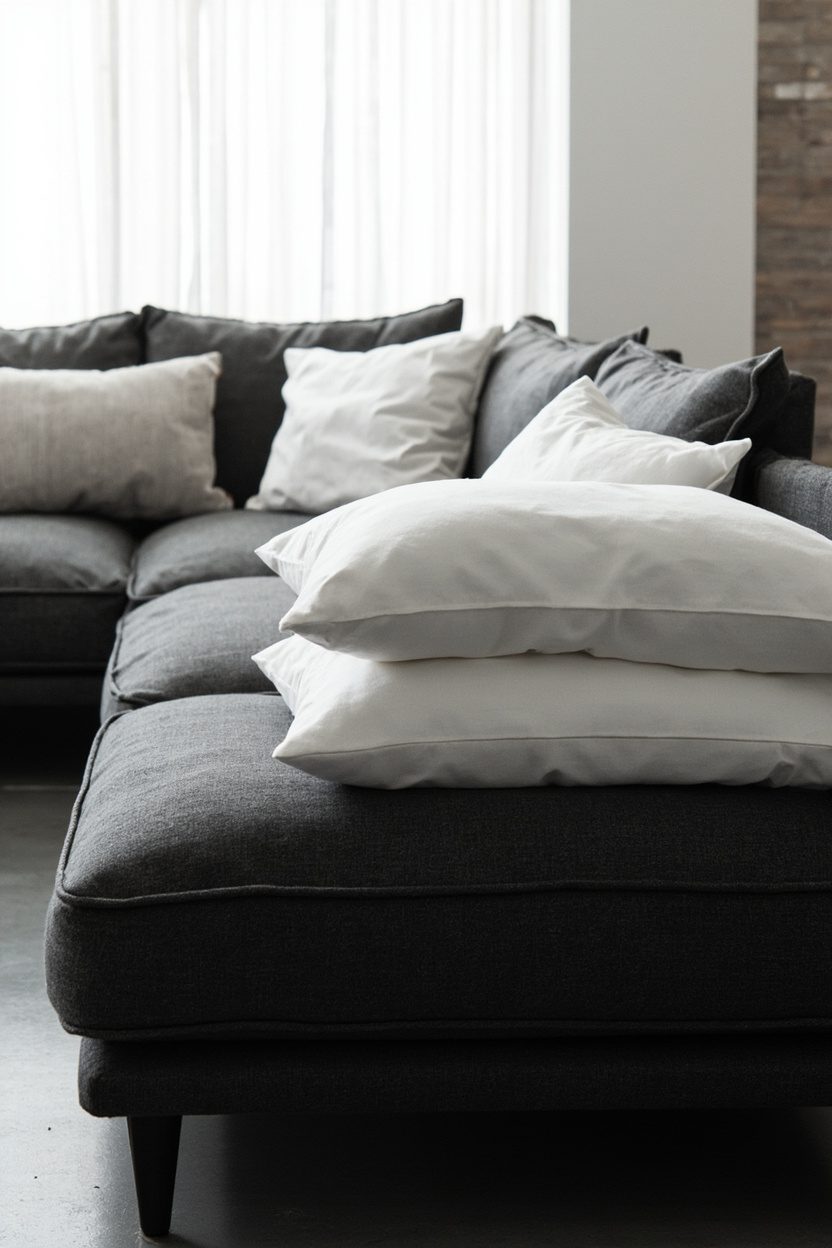 Crisp White Pillows on Charcoal Sofa