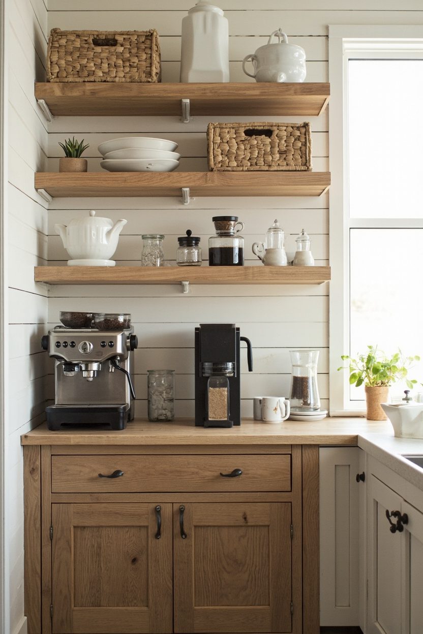 Farmhouse Coffee Cabinet with Open Shelves