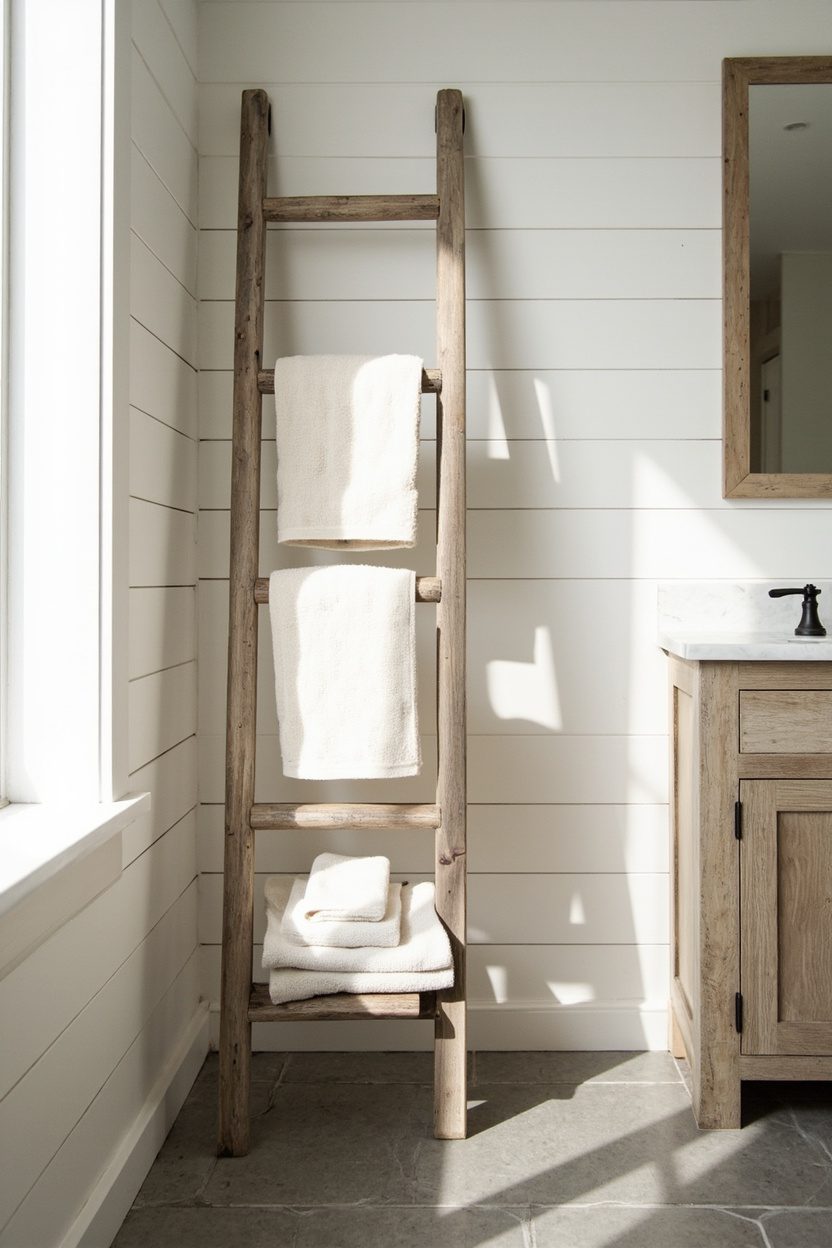 Freestanding wood ladder towel rack