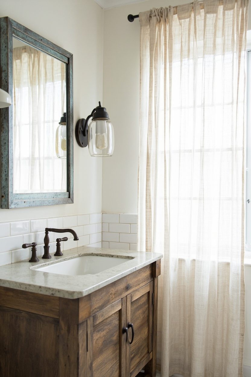 Galvanized accents and linen curtains