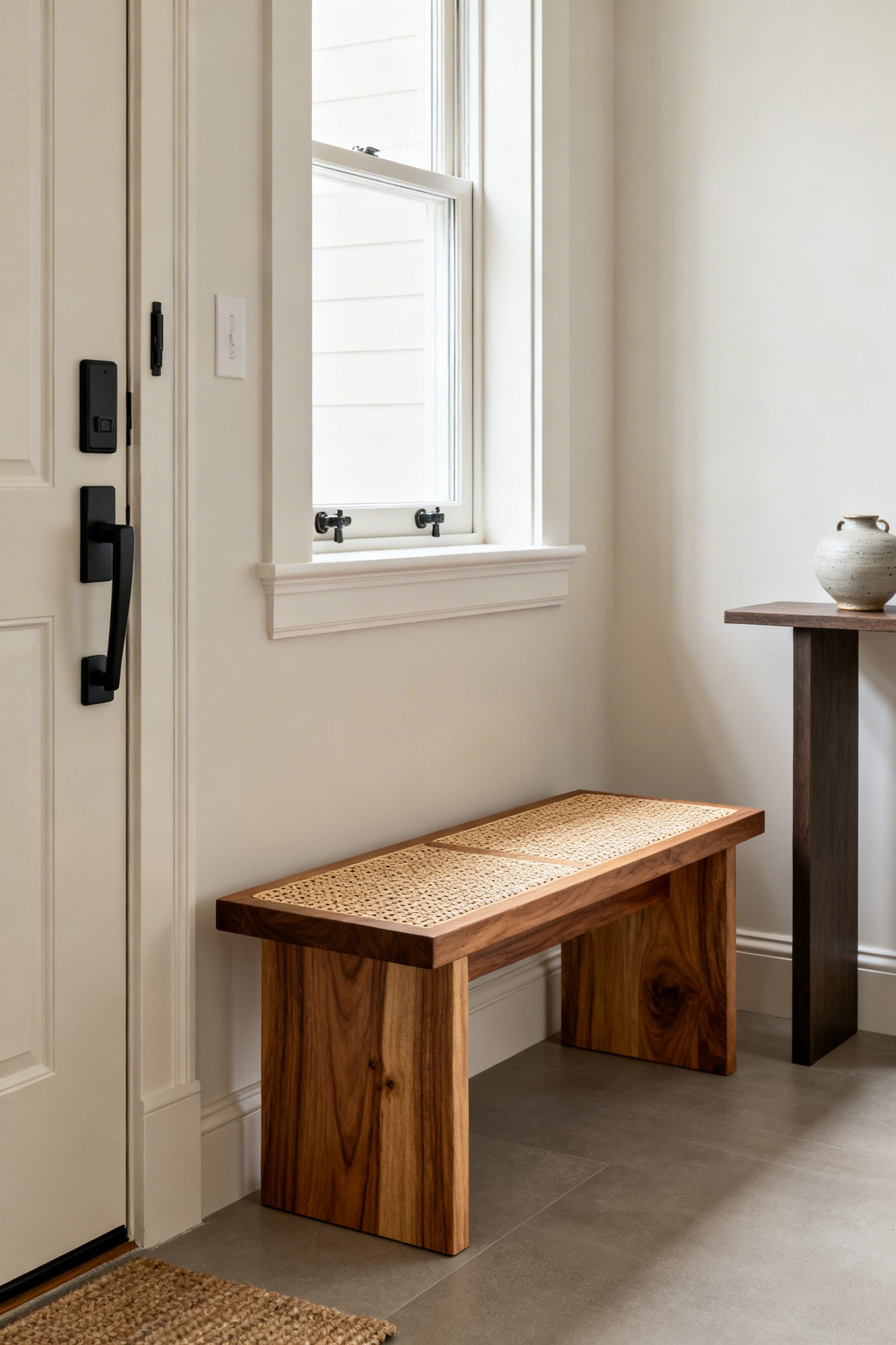 Japandi home design entryway bench setup