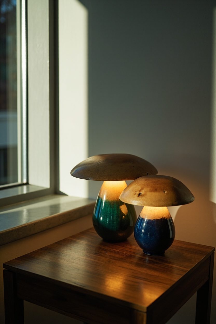 Jewel-Tone Ceramic Mushroom Lamps
