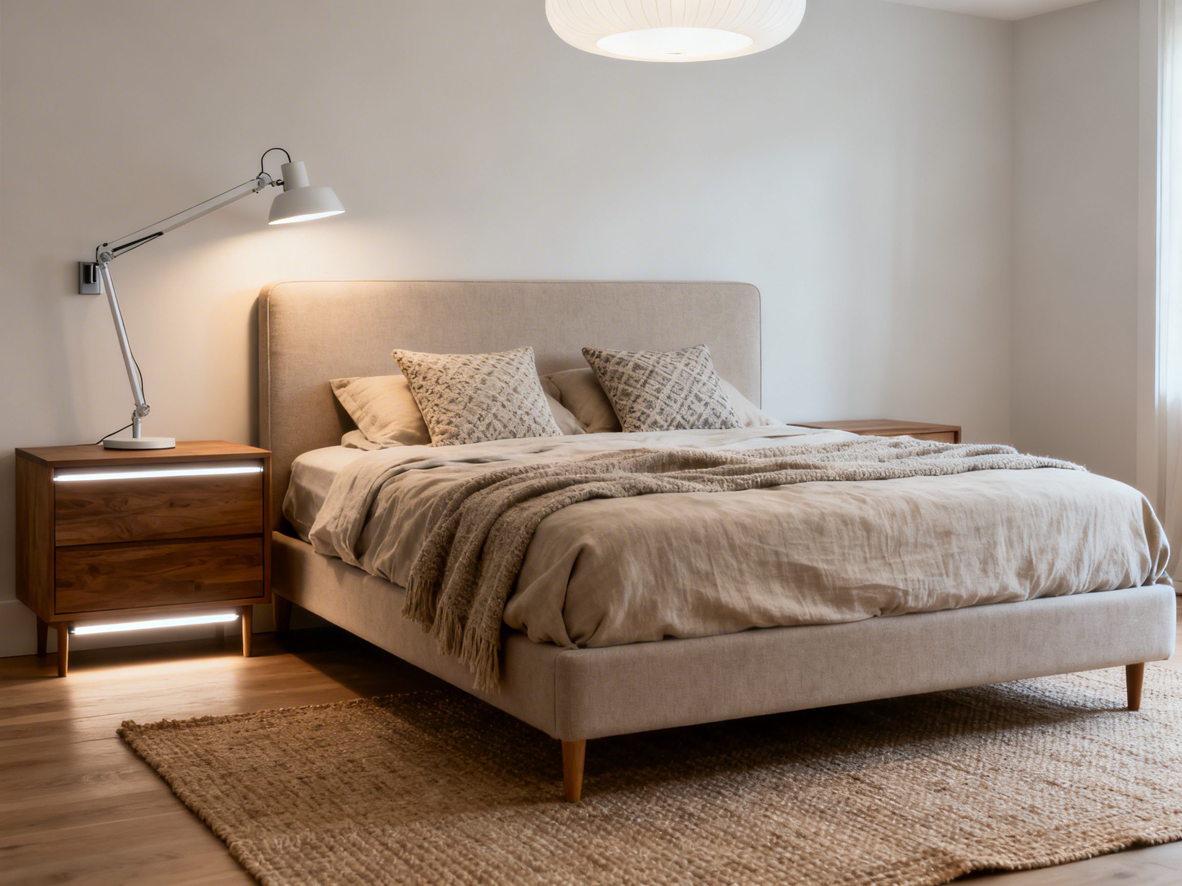 Layered bedroom lighting for rest and reading