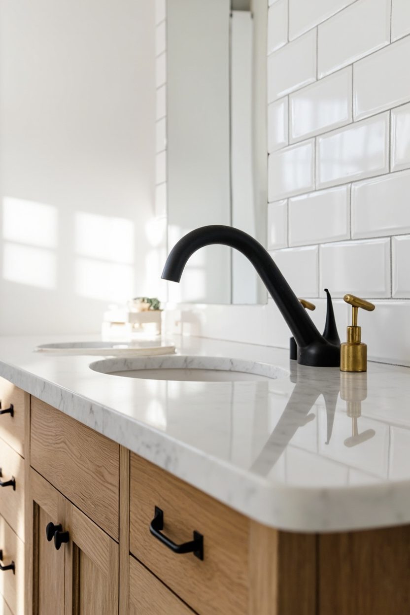 Matte black fixtures, warm brass accents