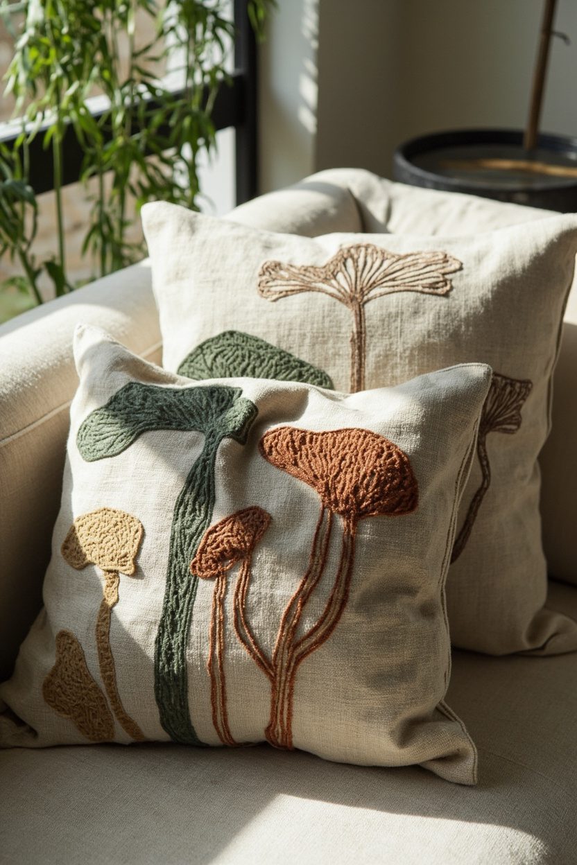 Mushroom Motif Linen Throw Pillows