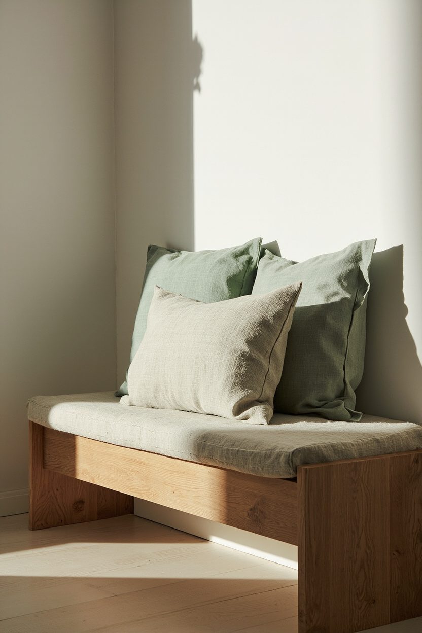 Muted Sage Pillows on Oak Bench