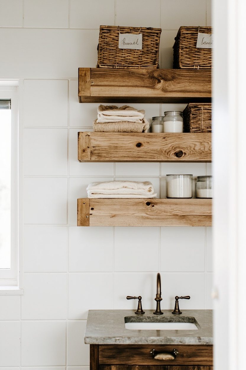 Open shelving in aged pine