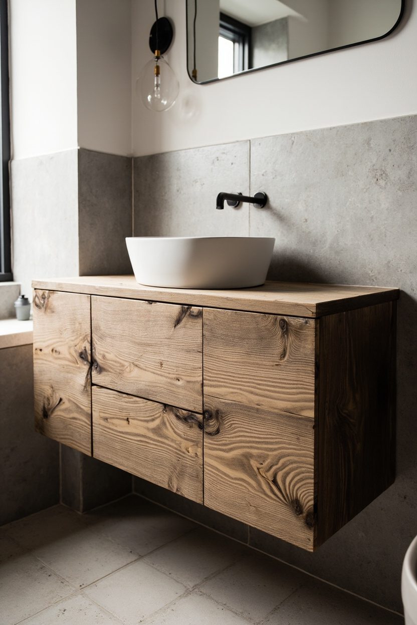 Reclaimed oak vanities with vessel sinks