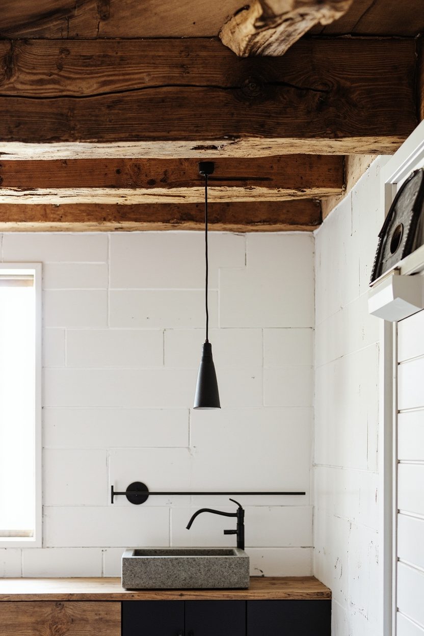 Rough-hewn beams over white tile