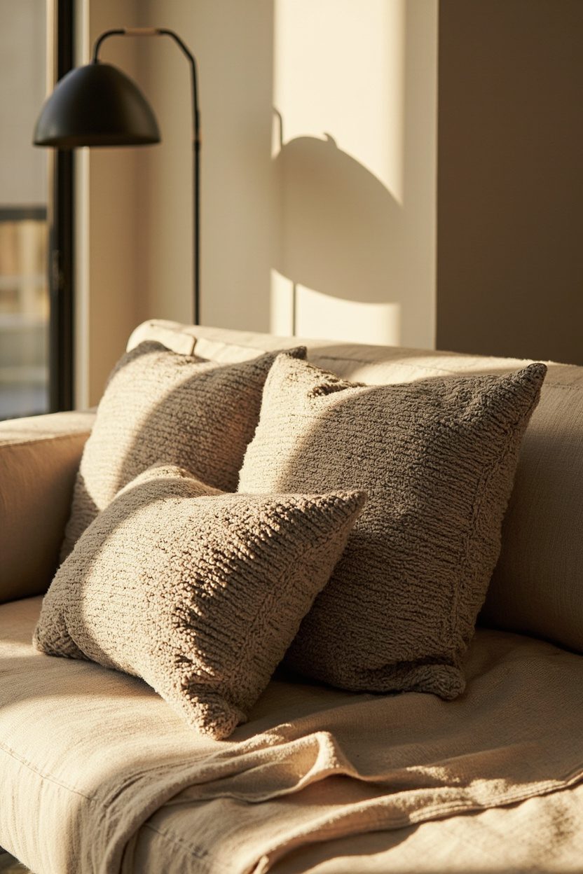 Taupe Bouclé Cushions, Low Profile