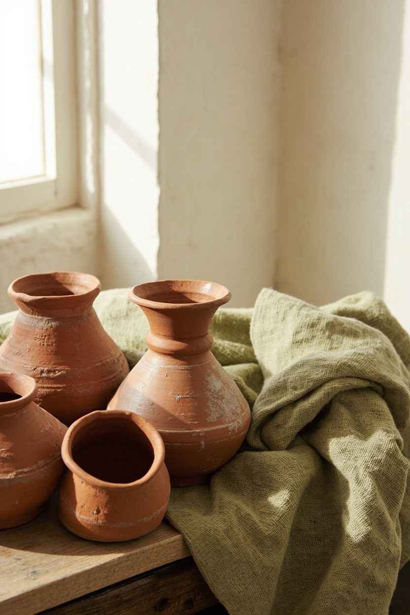 Terracotta Pottery And Olive Linen