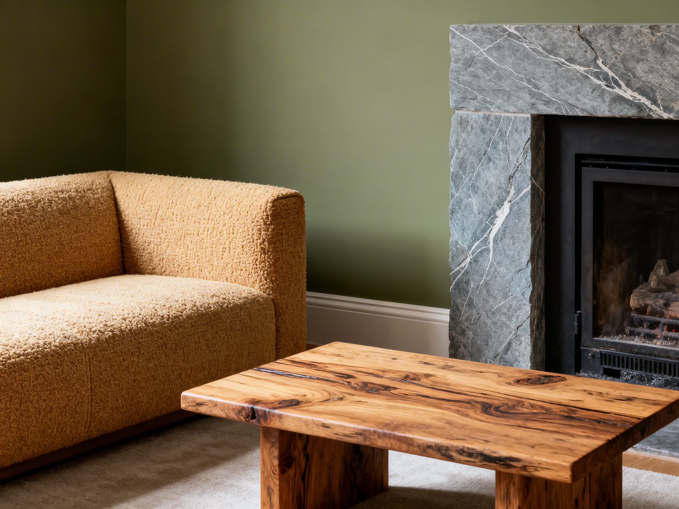 Textural Pairings: Bouclé, Woodgrain, and Stone