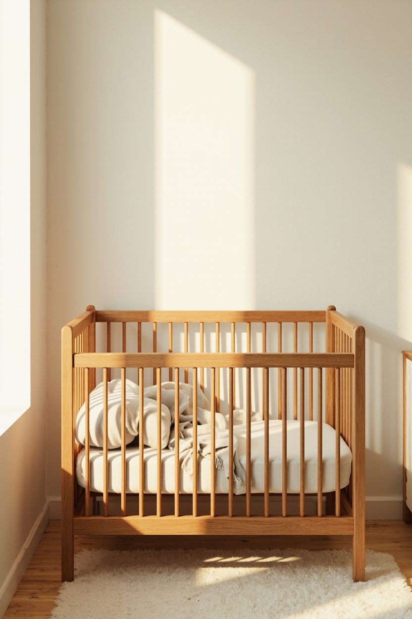 Warm wood crib with spindles