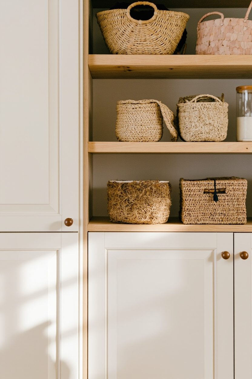 Woven baskets in open shelving