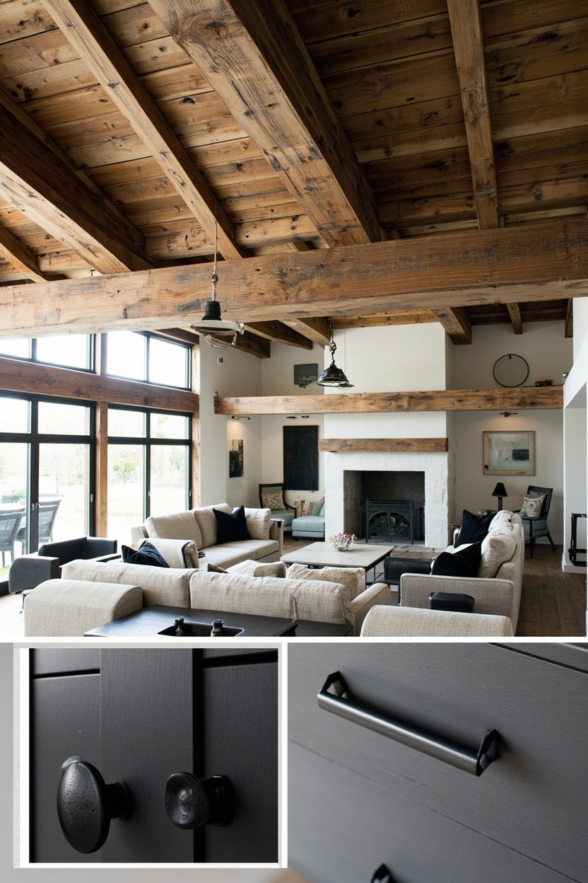Aged Beams with Black Metal Accents