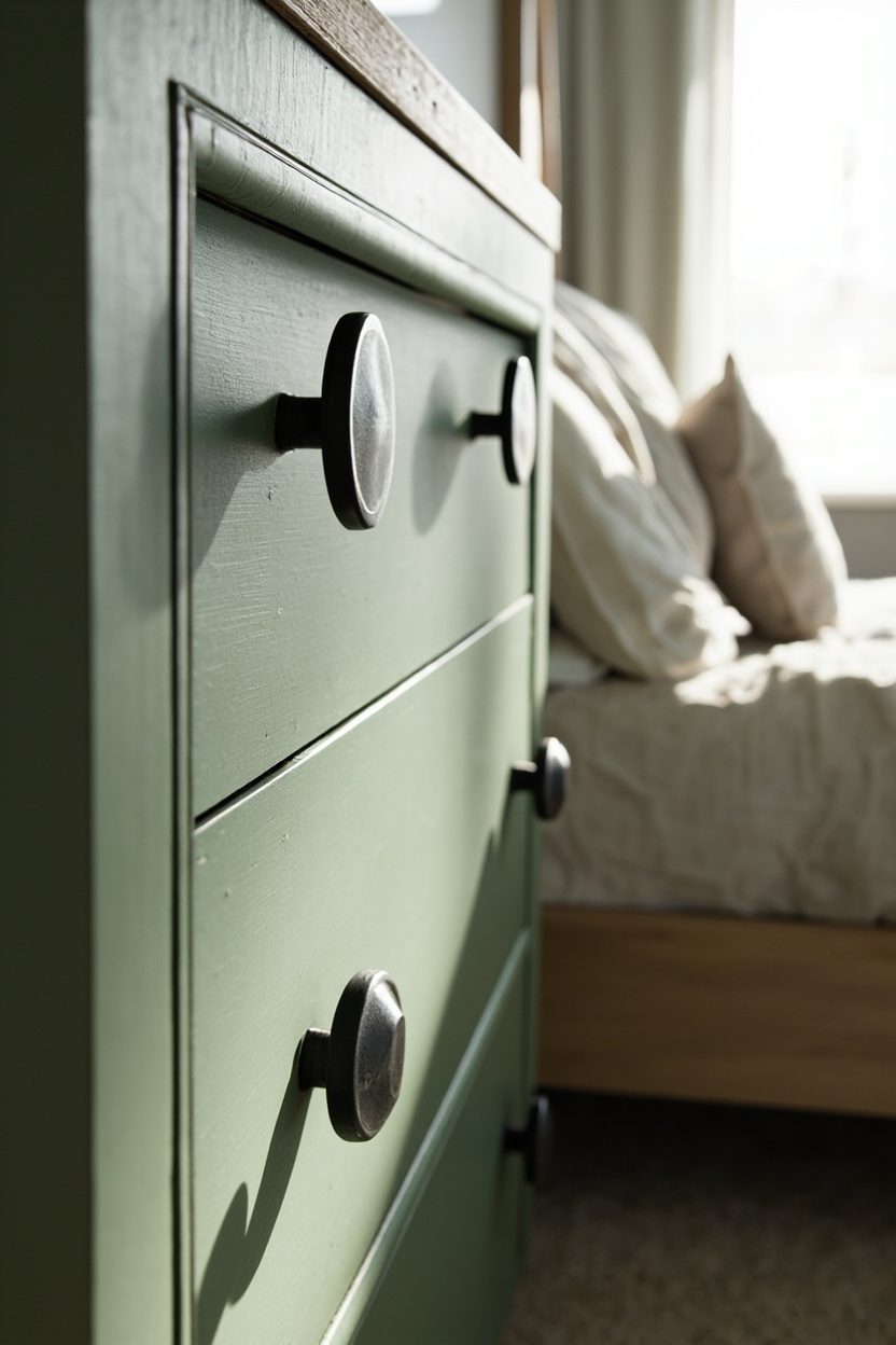 Black Iron Hardware on Green Dressers