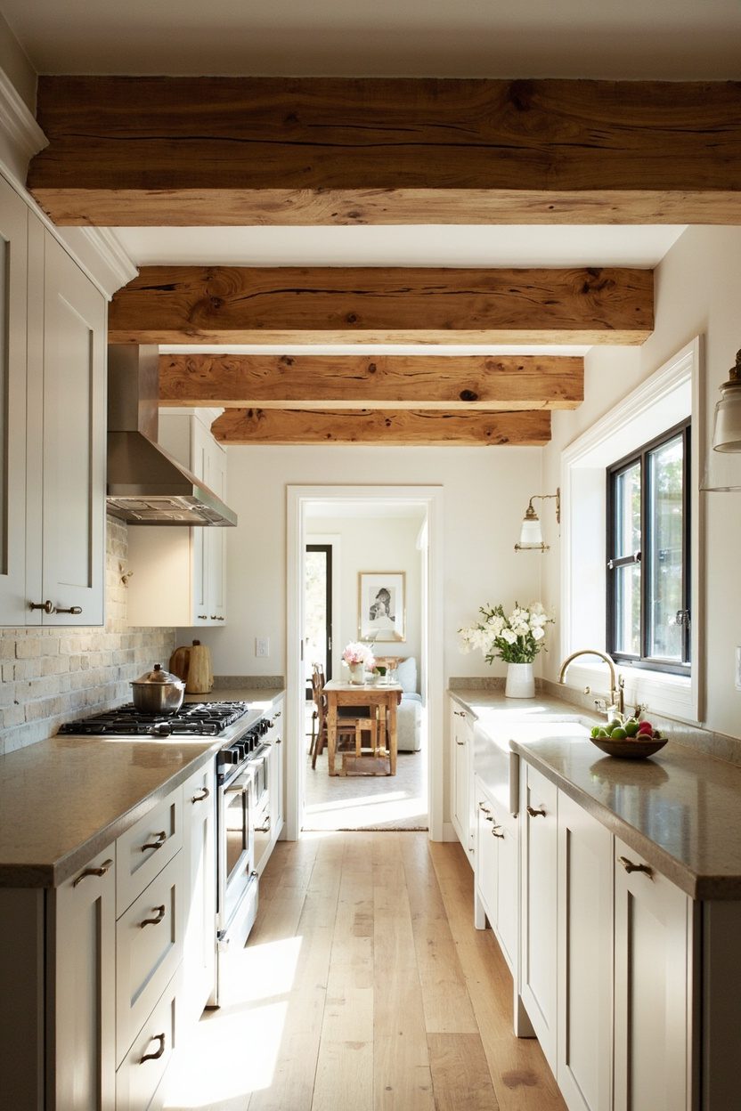 Ceiling beams in warm oak