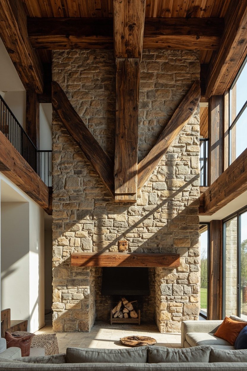Chunky Beams Framing Stone Fireplace