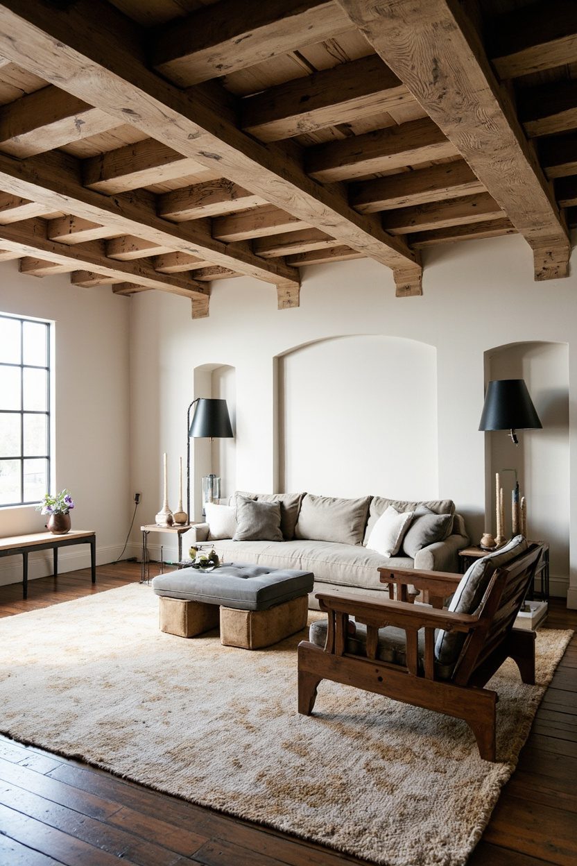 Coffered Wood Beams, Cozy Layered Rugs