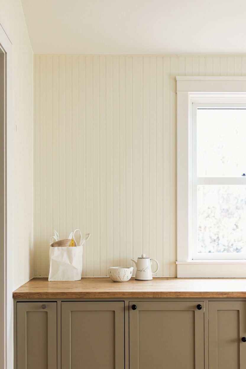 Creamy beadboard backsplash walls