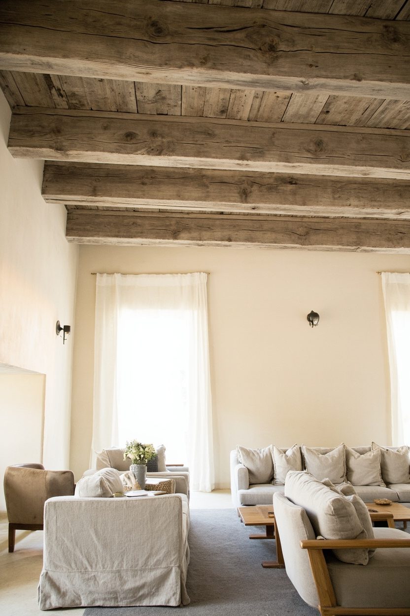 Driftwood-Tone Beams and Cream Walls