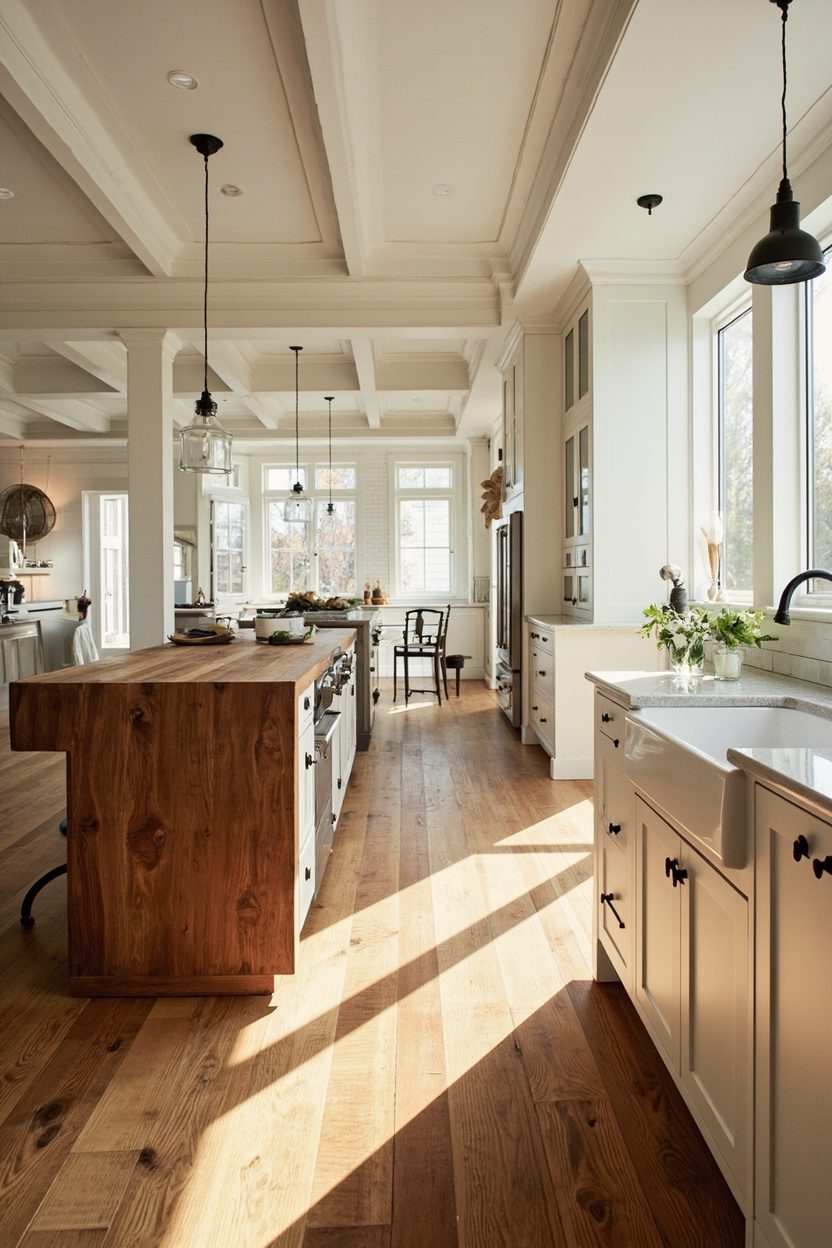 Farmhouse Open Plan Kitchen Butcher Block