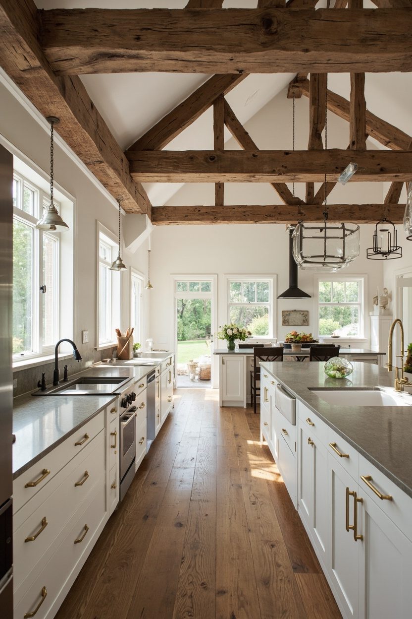 Farmhouse Open Plan Kitchen Exposed Beams
